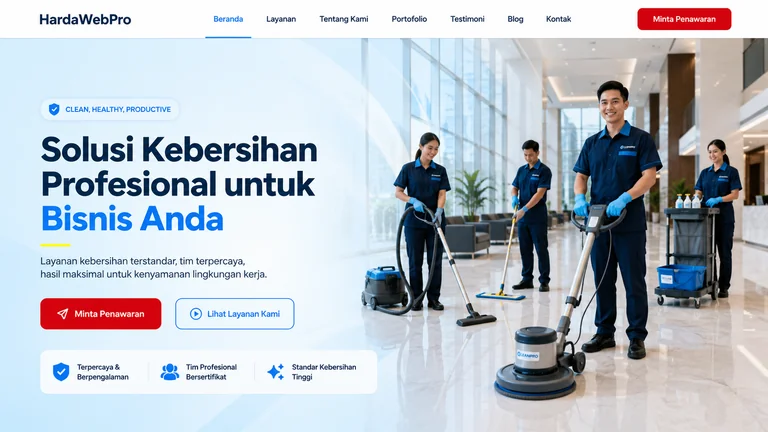 hero section dan header web compro perusahaan cleaning service dengan CTA minta penawaran hero section dan header web compro perusahaan cleaning service dengan CTA minta penawaran