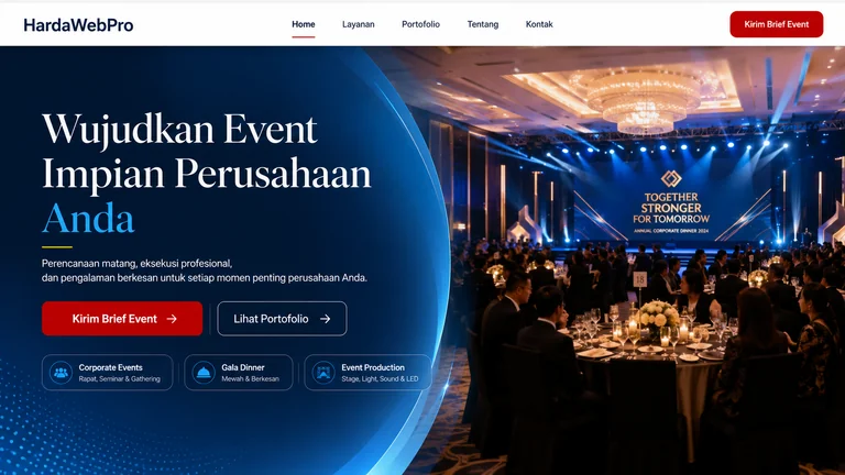 hero section dan header desain web compro event organizer dengan CTA kirim brief hero section dan header desain web compro event organizer dengan CTA kirim brief