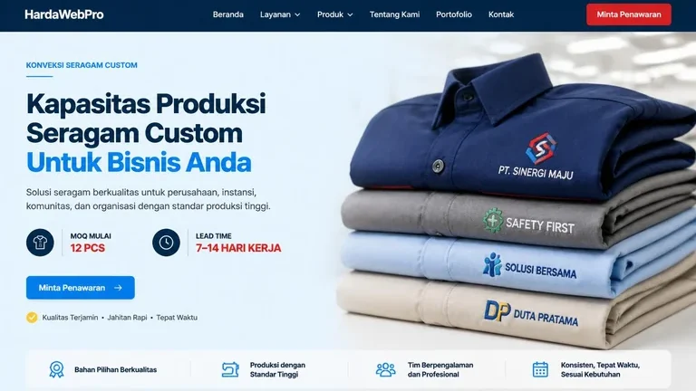 hero section dan header inspirasi desain website UMKM konveksi seragam custom dengan CTA minta penawaran hero section dan header inspirasi desain website UMKM konveksi seragam custom dengan CTA minta penawaran
