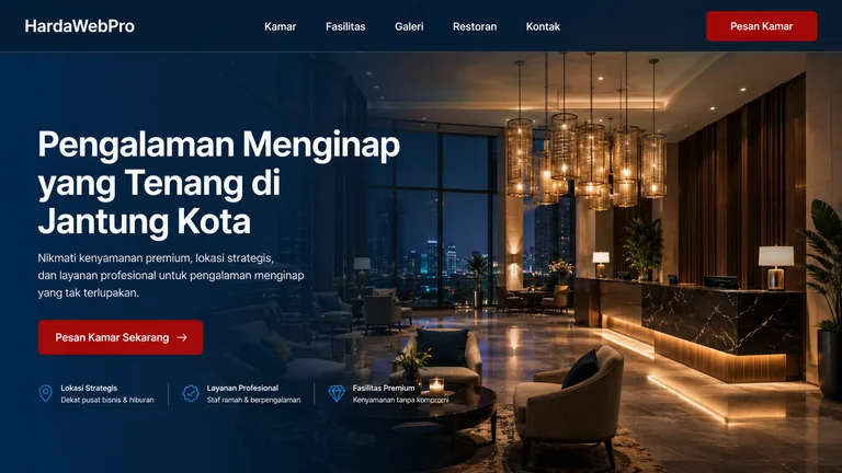 hero section dan header desain tampilan website hotel profesional dengan CTA pesan kamar hero section dan header desain tampilan website hotel profesional dengan CTA pesan kamar