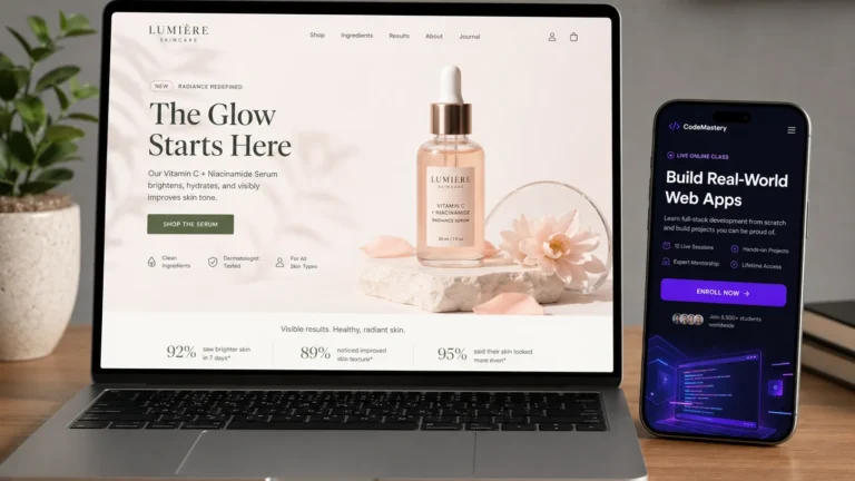 perbandingan hero section desain landing page jualan produk skincare dan kelas online di laptop dan ponsel perbandingan hero section desain landing page jualan produk skincare dan kelas online di laptop dan ponsel