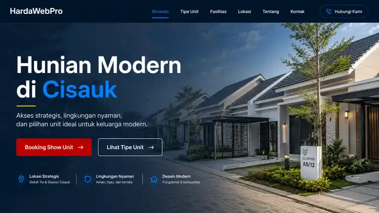 contoh hero section website perumahan dengan CTA booking show unit dan lokasi eksplisit