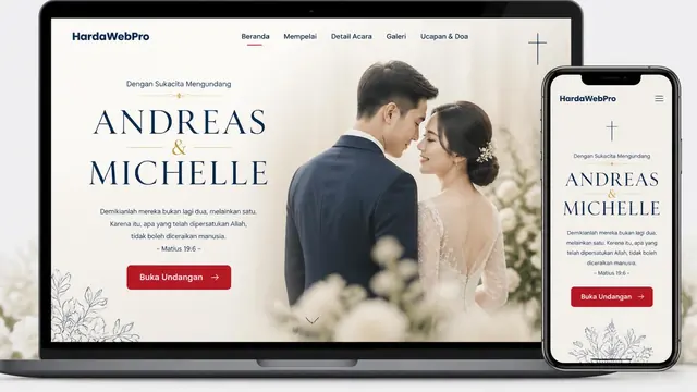 contoh hero section web undangan pernikahan tema agama Kristen di laptop dan HP contoh hero section web undangan pernikahan tema agama Kristen di laptop dan HP