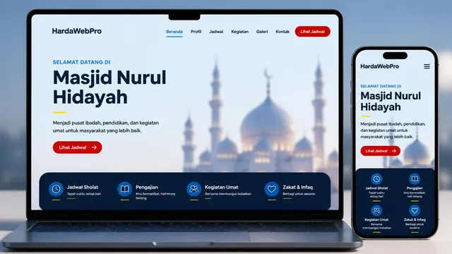 contoh hero jasa pembuatan website masjid Tangerang di laptop dan smartphone contoh hero jasa pembuatan website masjid Tangerang di laptop dan smartphone