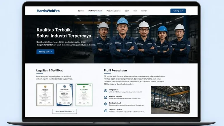 mockup website company profile menampilkan legalitas dan profil perusahaan Indonesia