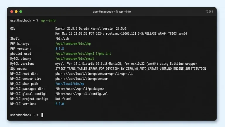 tampilan terminal setelah install wp-cli berhasil dengan output wp info