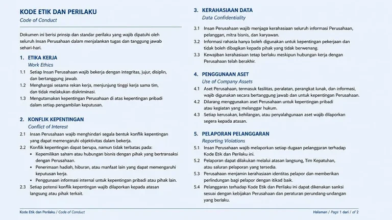 contoh struktur isi code of conduct perusahaan etika konflik kepentingan kerahasiaan