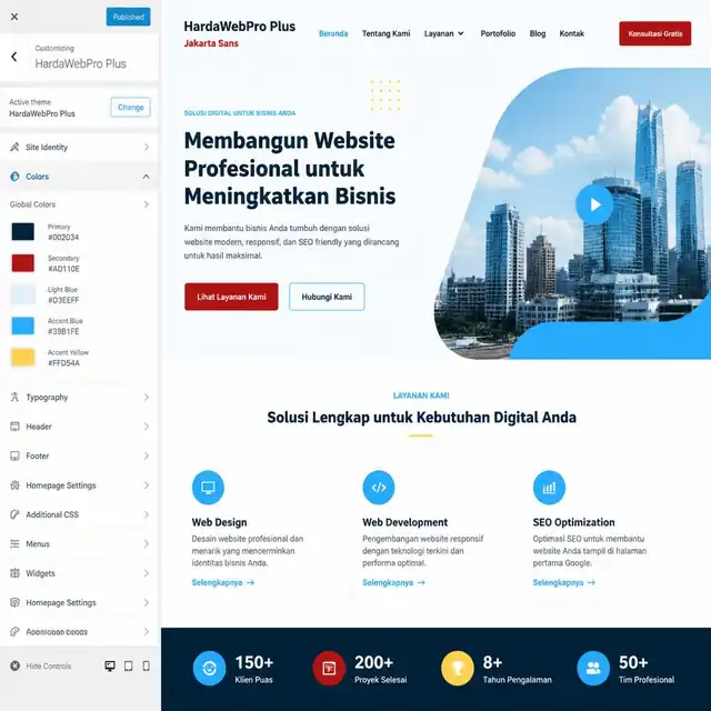 Panel customizer tema WordPress untuk penyesuaian warna dan layout website bisnis Panel customizer tema WordPress untuk penyesuaian warna dan layout website bisnis