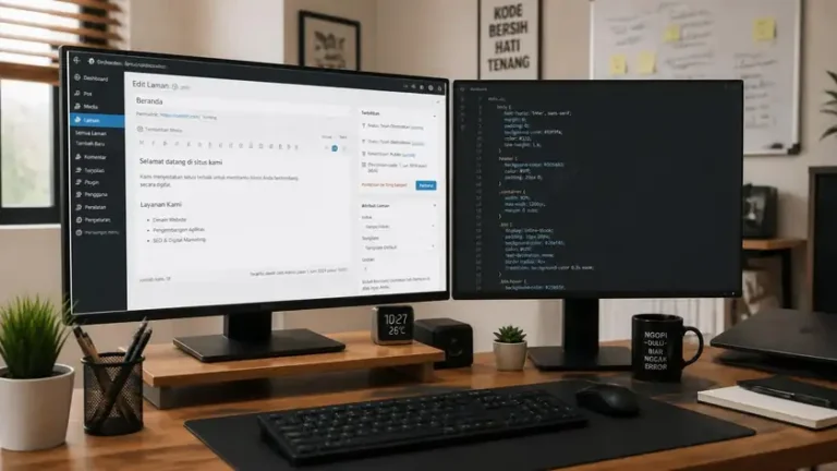 developer mengerjakan jasa edit website lewat dashboard WordPress dan editor kode