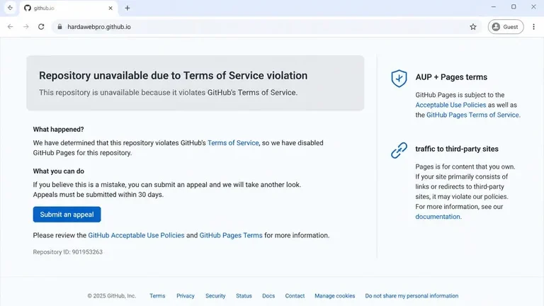 contoh sanksi github pages situs github.io terkait pelanggaran ketentuan
