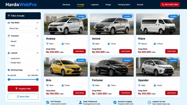 contoh desain ui ux website rental mobil katalog armada dengan filter dan harga