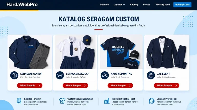 katalog seragam custom pada contoh inspirasi desain website UMKM konveksi dengan kartu produk B2B katalog seragam custom pada contoh inspirasi desain website UMKM konveksi dengan kartu produk B2B
