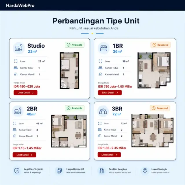 katalog tipe unit dan denah apartemen pada desain website penjualan apartemen modern