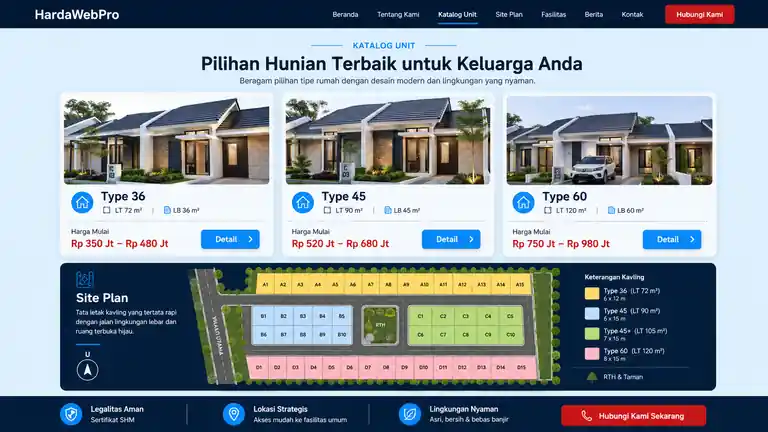 katalog unit dan site plan pada desain website perusahaan real estate perumahan