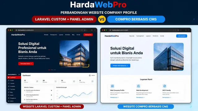 perbandingan mockup website compro laravel custom versus website company profile CMS