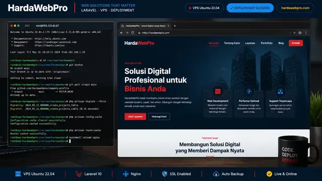 mockup deployment website compro laravel di VPS dengan preview company profile