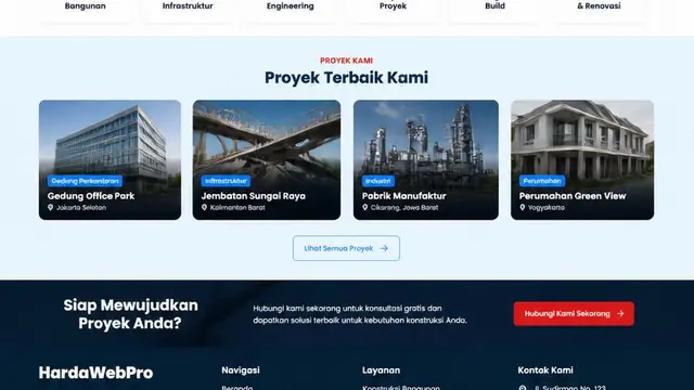 full page website company profile laravel untuk bisnis kontraktor Indonesia dari header sampai footer