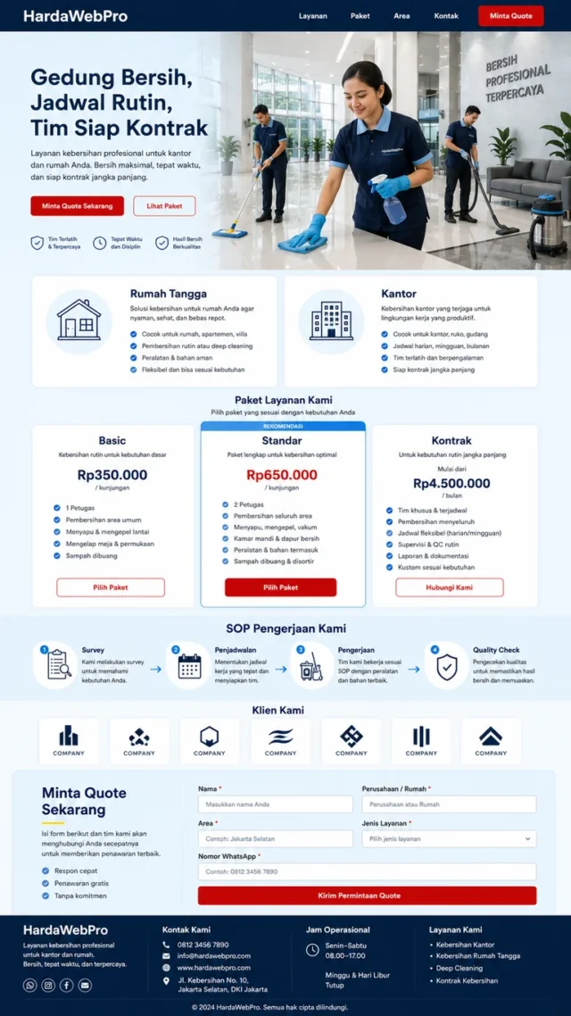 contoh desain landing page jasa service cleaning full page segmentasi rumah dan kantor