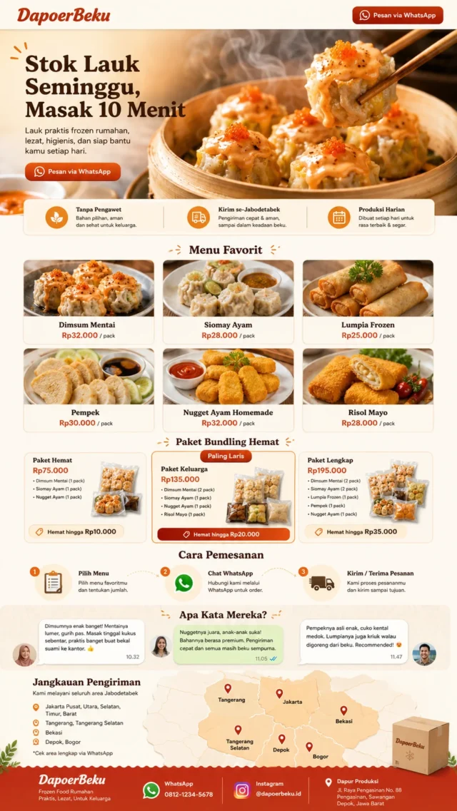 contoh landing page jualan frozen food dengan foto appetit palet merah bata dan CTA WhatsApp contoh landing page jualan frozen food dengan foto appetit palet merah bata dan CTA WhatsApp