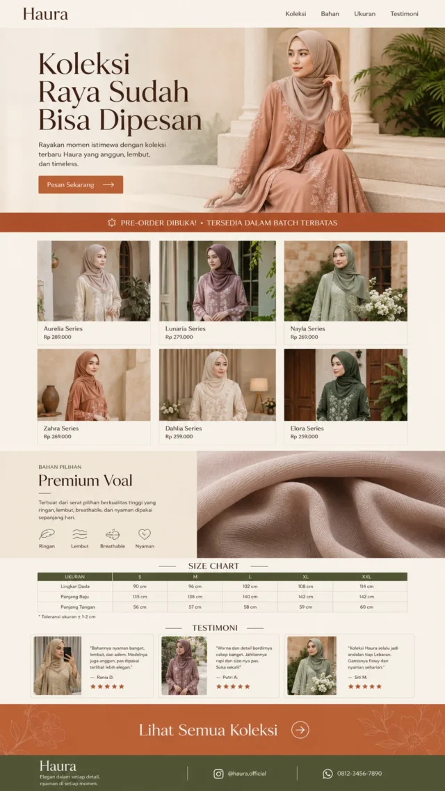 contoh landing page produk hijab dengan grid lookbook palet terracotta dan size chart contoh landing page produk hijab dengan grid lookbook palet terracotta dan size chart