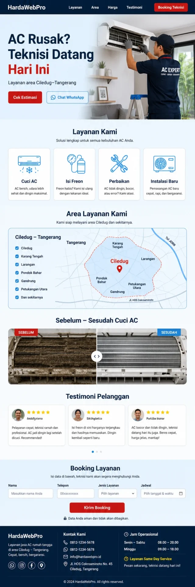 contoh desain web landing page jasa service AC full page dari header hingga footer booking teknisi