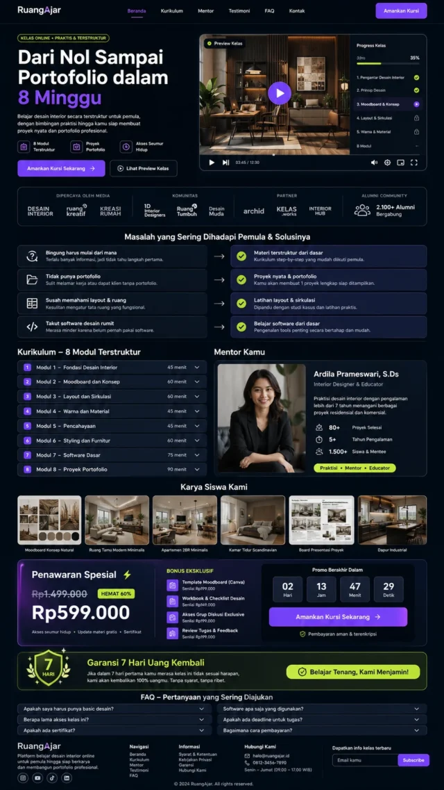 contoh desain landing page produk digital kelas online dark mode dengan kurikulum dan garansi contoh desain landing page produk digital kelas online dark mode dengan kurikulum dan garansi