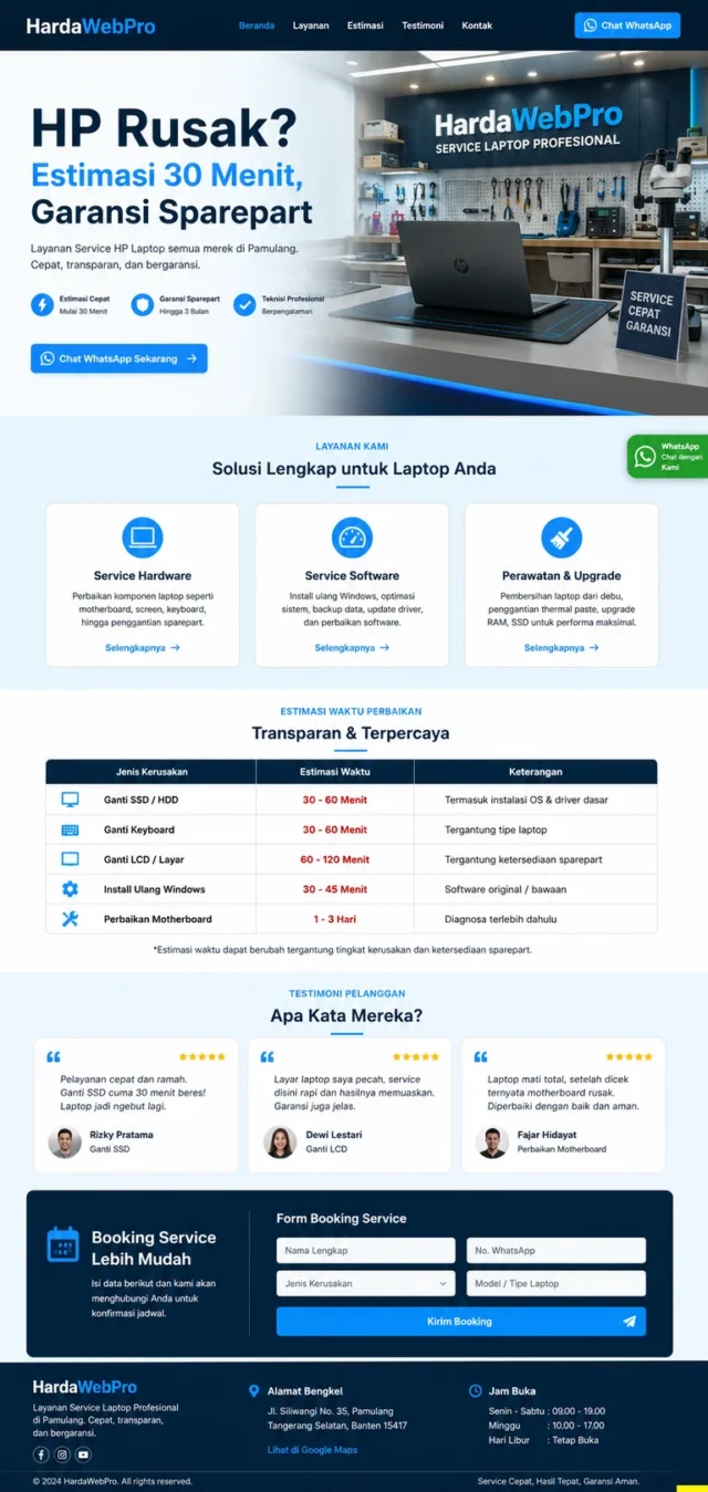contoh desain web landing page jasa service gadget HP laptop full page dengan form booking