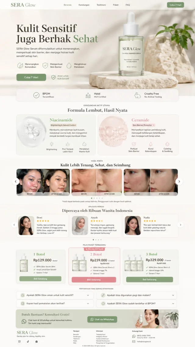 contoh desain landing page jualan produk skincare serum palet sage green dengan badge BPOM dan before-after contoh desain landing page jualan produk skincare serum palet sage green dengan badge BPOM dan before-after
