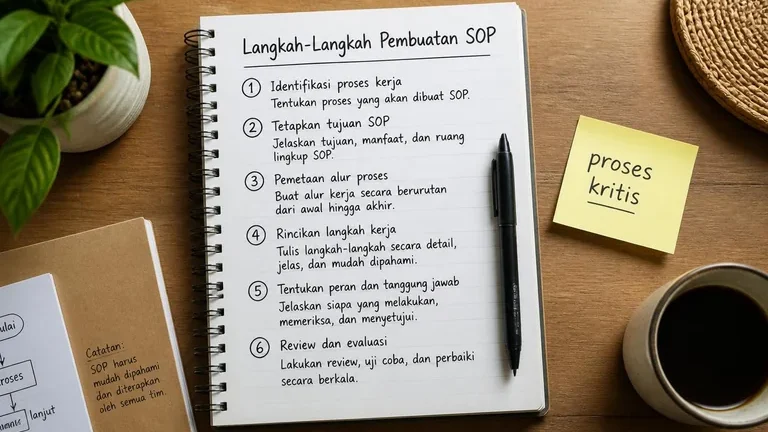 langkah praktis panduan membuat SOP ditulis di buku catatan startup