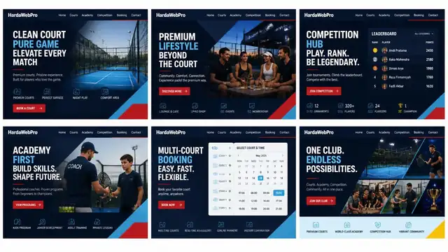 lima arah contoh desain website klub padel clean premium competition academy booking