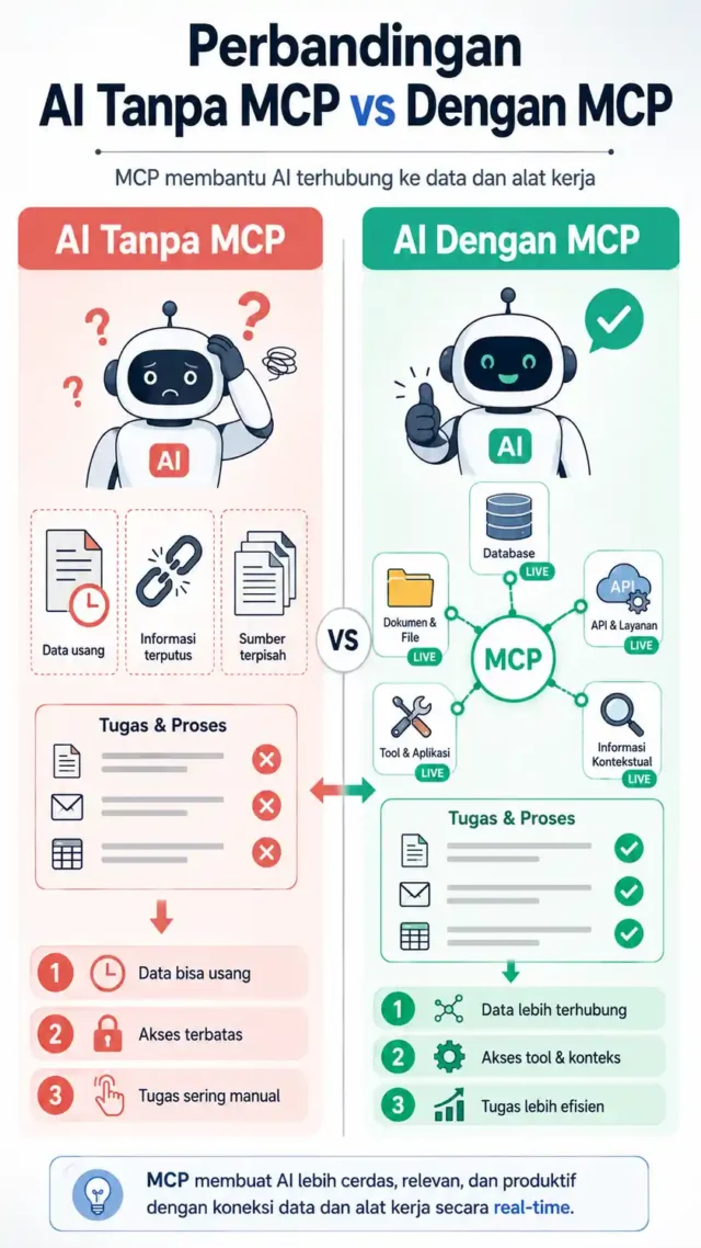 infografis perbandingan fungsi MCP AI sebelum dan sesudah integrasi data live