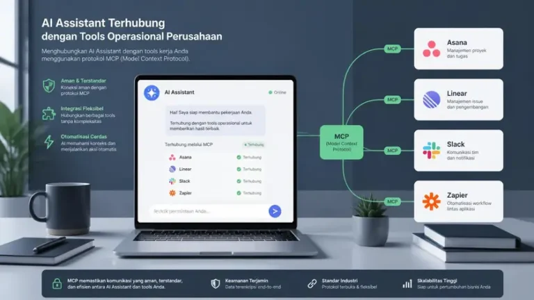 ilustrasi koneksi MCP client ke tool manajemen operasional Asana Linear Slack Zapier ilustrasi koneksi MCP client ke tool manajemen operasional Asana Linear Slack Zapier