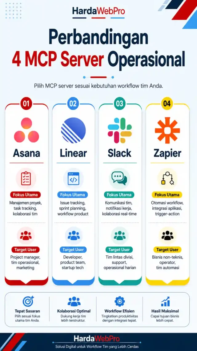 infografis perbandingan Asana Linear Slack Zapier MCP untuk manajemen operasional perusahaan