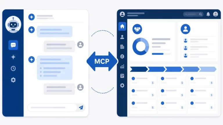 ilustrasi koneksi MCP client ke CRM data context untuk workflow sales perusahaan