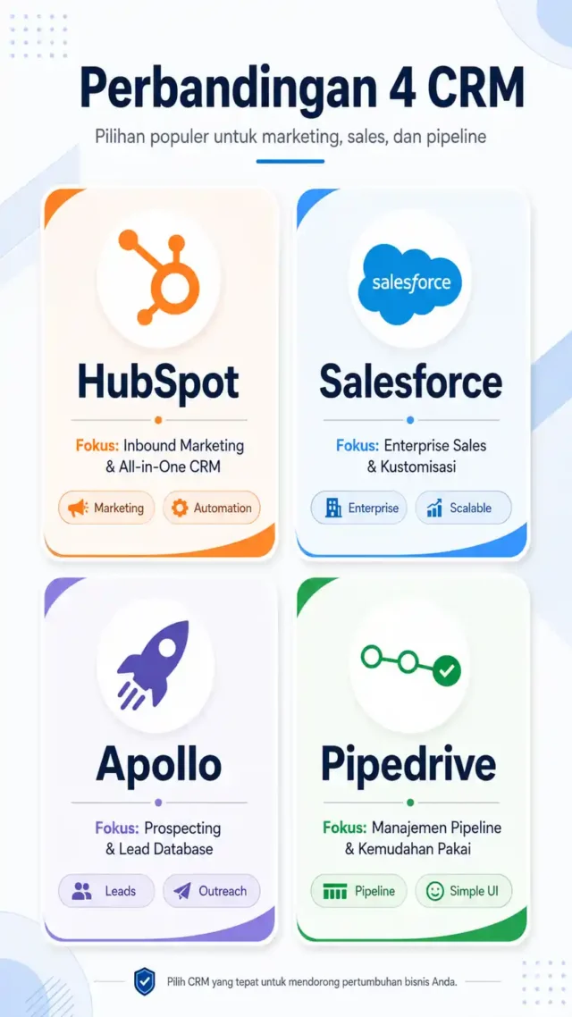 infografis perbandingan HubSpot Salesforce Apollo Pipedrive MCP untuk sales perusahaan