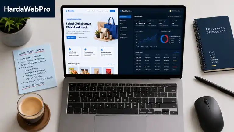 meja kerja jasa web developer fullstack di Tangerang dengan laptop frontend dan backend