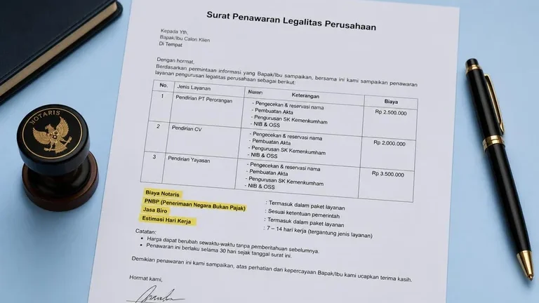 surat penawaran jasa legalitas perusahaan dengan rincian biaya notaris PNBP