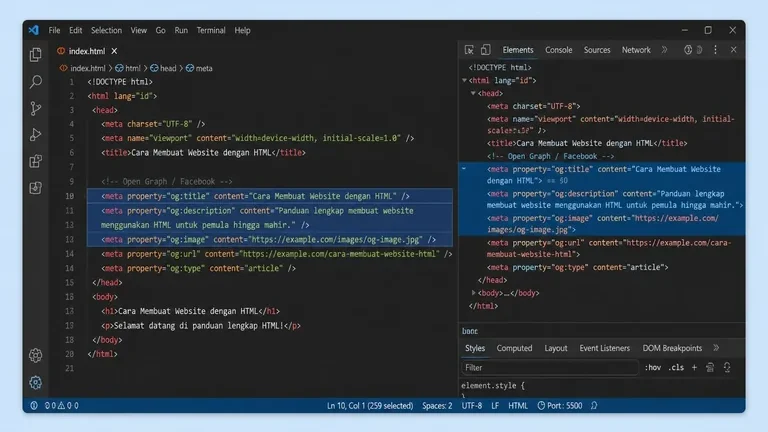 screenshot DevTools menampilkan meta tag open graph og title description image