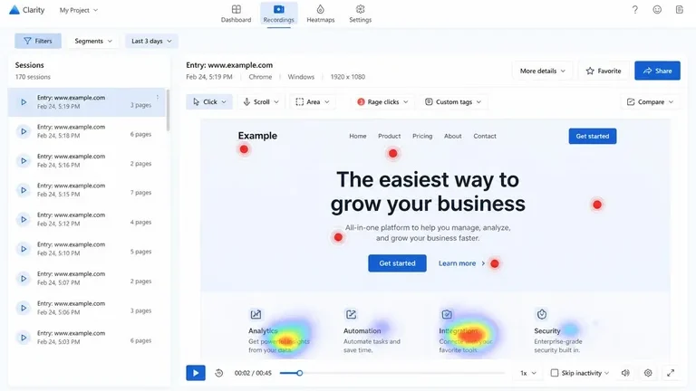 dashboard Microsoft Clarity session recording dan heatmap pengunjung website