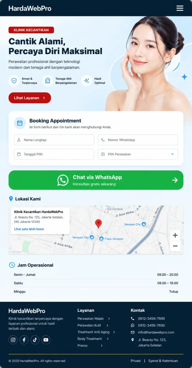 tampilan mobile desain web klinik kecantikan dengan form booking dan WhatsApp