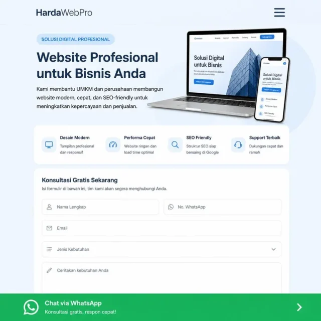tampilan mobile website company profile landing page dengan CTA WhatsApp sticky