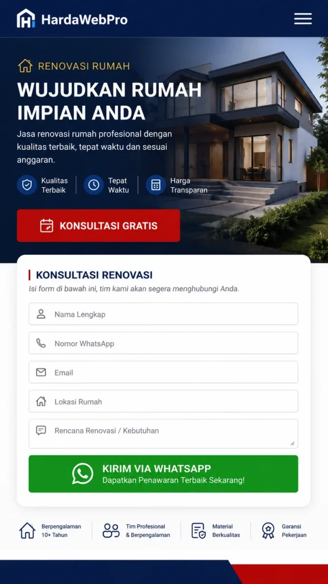 tampilan mobile desain web company profile renovasi rumah dengan form konsultasi dan WhatsApp