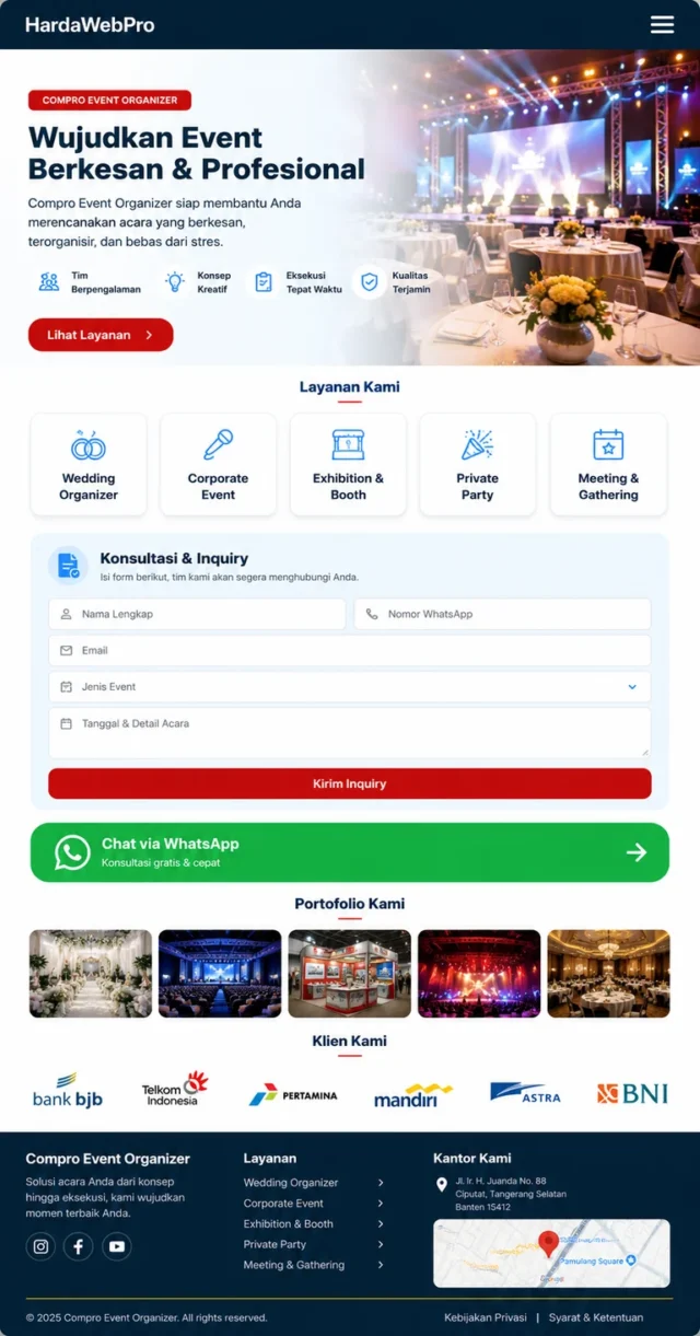 tampilan mobile desain web compro event organizer dengan form inquiry dan WhatsApp tampilan mobile desain web compro event organizer dengan form inquiry dan WhatsApp