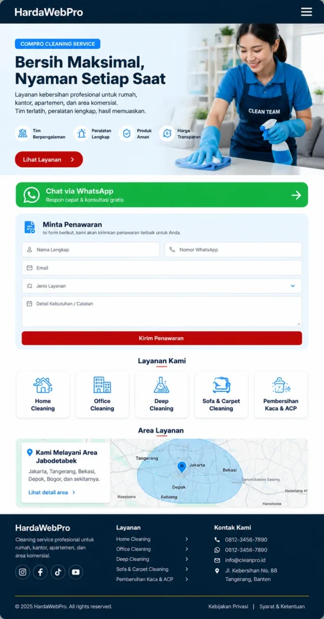tampilan mobile web compro cleaning service dengan form penawaran dan WhatsApp tampilan mobile web compro cleaning service dengan form penawaran dan WhatsApp