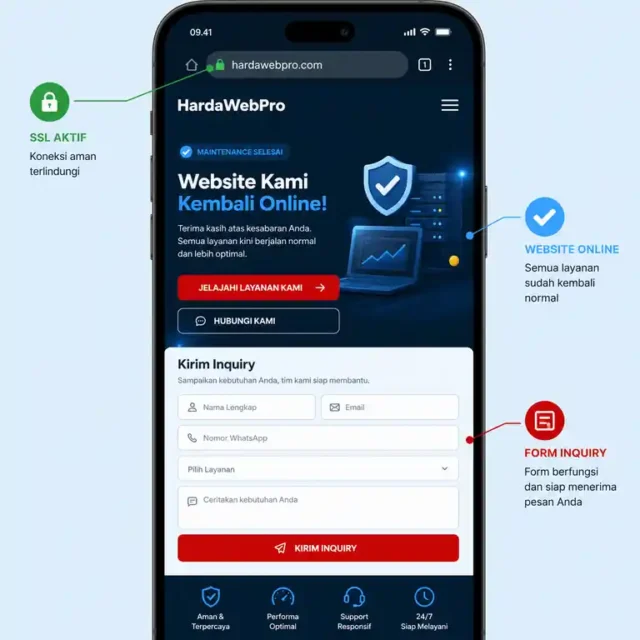 tampilan mobile website perusahaan setelah maintenance dengan CTA dan form inquiry aktif