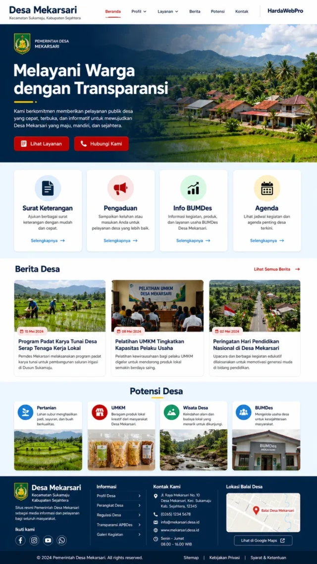 contoh desain website desa modern full page dari header hingga footer dengan hero dan layanan warga