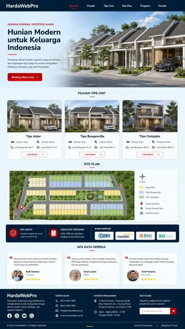 mockup full page desain website perusahaan real estate developer perumahan Indonesia dari header sampai footer