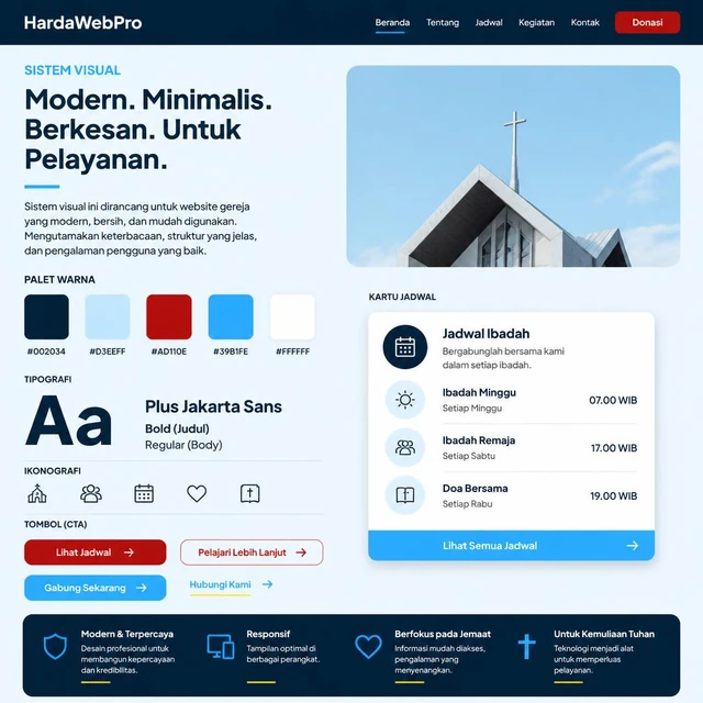 palet warna dan tipografi clean untuk contoh desain website gereja modern minimalis
