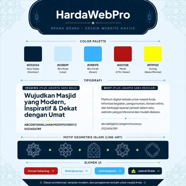 contoh palet warna dan tipografi desain website masjid aspect square