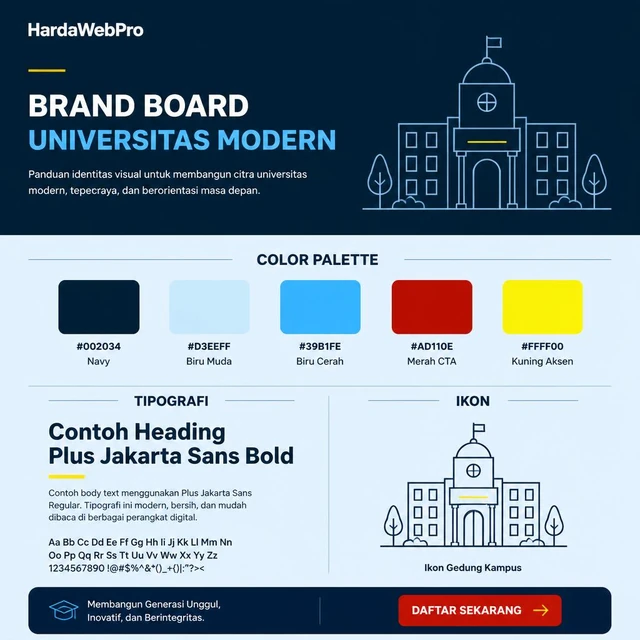 contoh palet warna dan tipografi website universitas desain modern aspect square